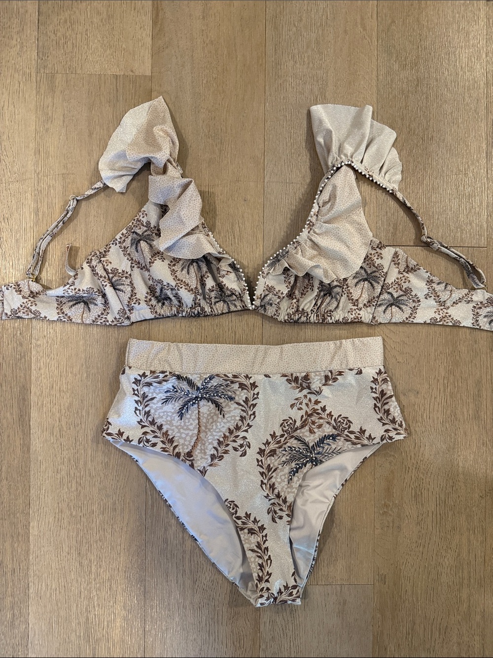 High-Waist Ruffle Bikini Set in Beige Palm Print